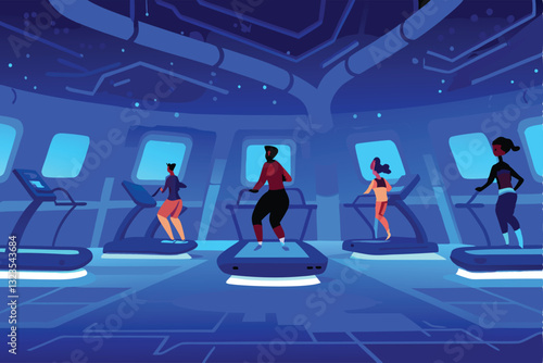 A futuristic virtual gym scene; diverse avatars perform various exercises on floating platforms, showcasing immersive fitness technology.