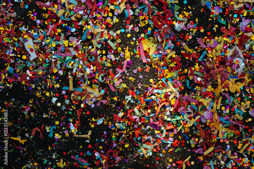 Multicolored confetti scattered on the ground