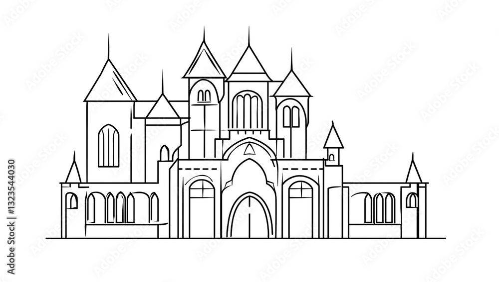 Fototapeta premium A line drawing depicts a majestic gothic castle, showcasing its intricate architectural details and imposing structure.