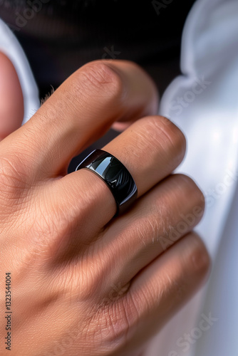 Close up of male hand with black smart ring on finger, modern wearable technology