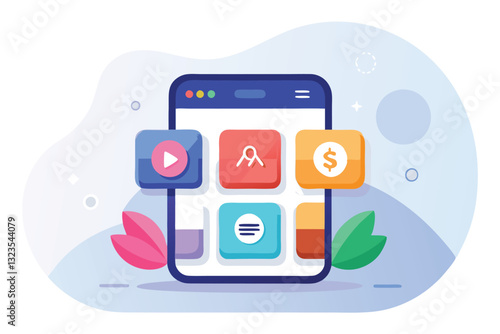 Colorful vector illustration of a smartphone displaying an app interface with decorative plants and gift boxes around