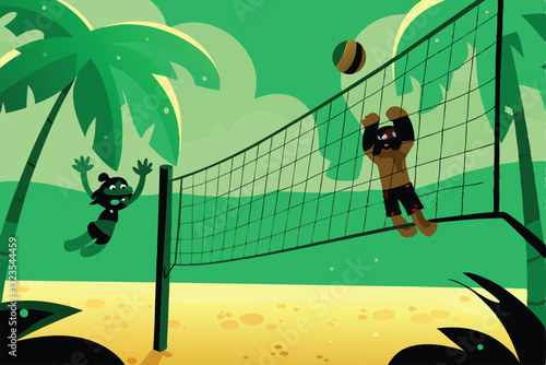 Vibrant cartoon characters playing volleyball on a sunny beach court, detailed scene.