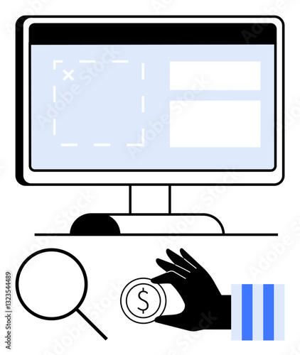 Computer monitor displaying input fields, magnifying glass, and hand holding coin. Ideal for finance, search, investment, business, e-commerce technology and data. Flat simple metaphor