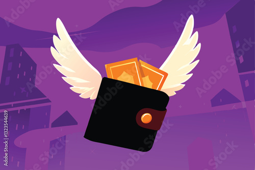 A whimsical illustration of a leather wallet with feathered wings, soaring away, symbolizing lost finances.  Fin (1) is subtly incorporated.