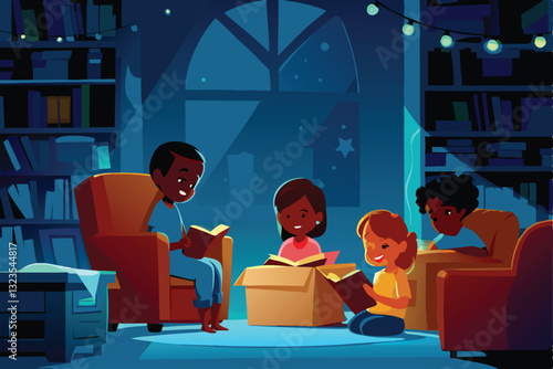 A cozy library hosting a charity event, warm lighting, friendly faces, book stacks, donation boxes, comfortable armchairs.
