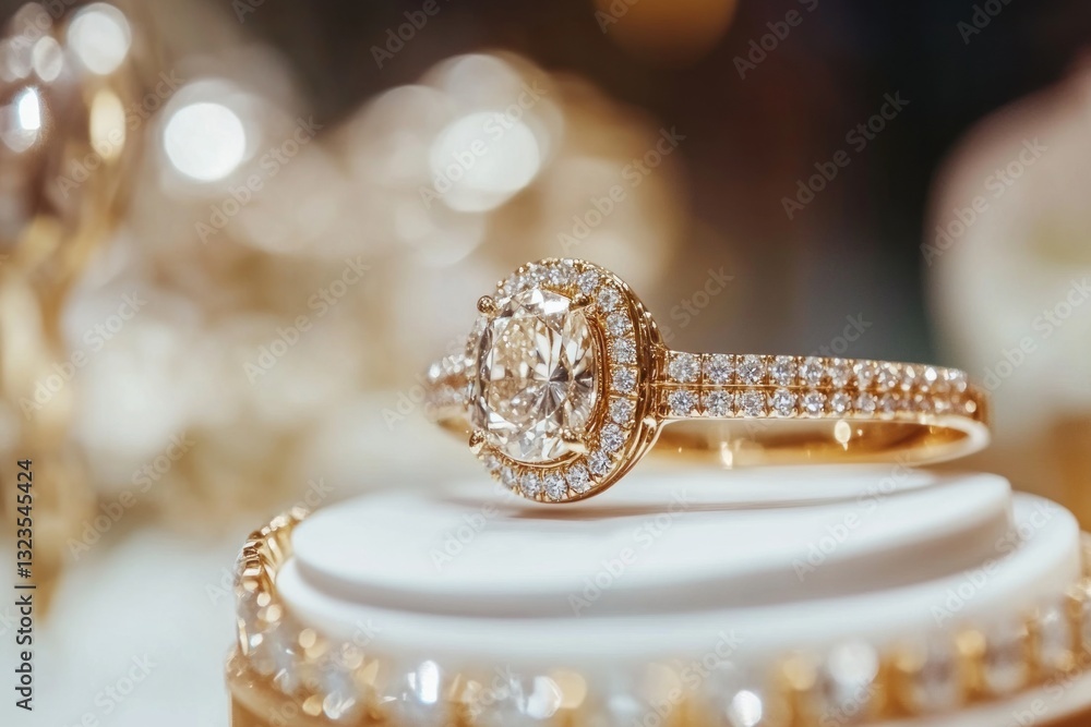 Sparkling diamond engagement ring on display. Sparkling diamond engagement ring on display.