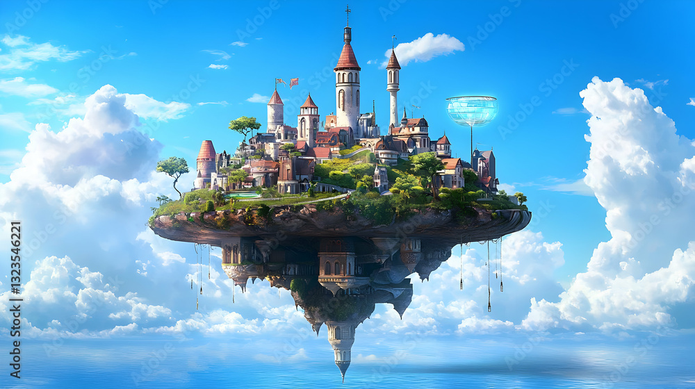 Obraz premium Floating Fantasy City With Castle And Pixelated Style Above Blue Sky With White Clouds