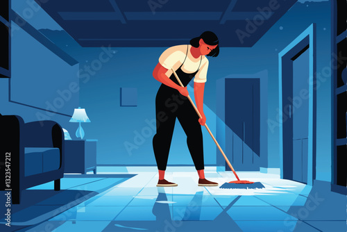 A woman in casual attire efficiently mops the spotless floor of a large, brightly lit room, showcasing cleanliness and domesticity.