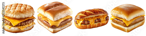  Set of a Sausage Bun It is made with two plain square buns, one slice of cheese, and a chicken sausage cut in half on top, isolated on transparent background.