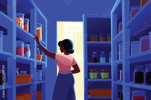 A neatly dressed woman meticulously organizes various glass jars of food items on pantry shelves, showcasing a well-stocked and organized kitchen.