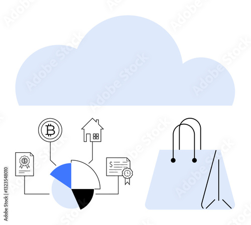 Cloud above a network of financial icons including cryptocurrency, real estate, a pie chart, and a shopping bag. Ideal for finance, e-commerce, blockchain, investments, analytics retail technology