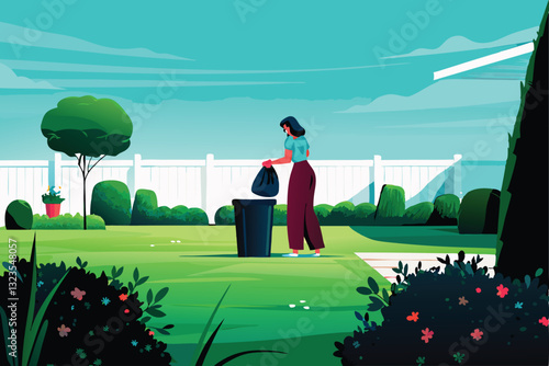 A neatly dressed woman efficiently carries a full trash bag outside a spotless, modern home.  The scene is bright and conveys cleanliness and organization.