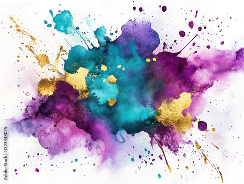 A burst of colors in watercolor splashes mixing vibrant purple teal and gold for a luxurious touch