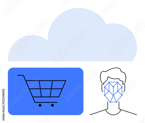 Shopping cart and facial recognition graphic connected under a cloud, symbolizing data storage, AI, and modern retail. Ideal for technology, retail, security, biometrics, cloud AI and innovation