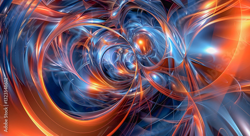 Dynamiczna abstrakcja w odcieniach niebieskiego i pomarańczowego – futurystyczne wiry energii i światła © Henryk Guziak
