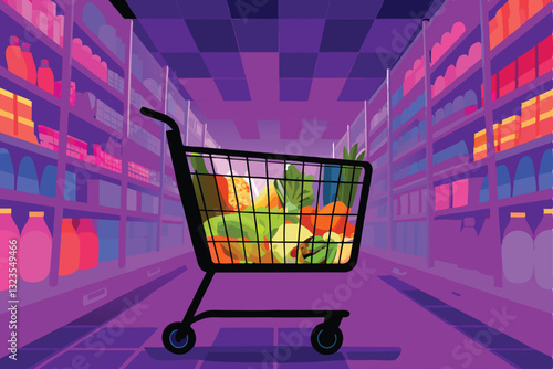 A full shopping cart, overflowing with groceries, rolls along a brightly lit supermarket floor. Focus on the abundance of goods and the dynamic movement.