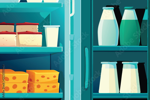 Create a visually appealing background image showcasing a diverse array of dairy products, including milk, cheese, yogurt, butter, and cream.