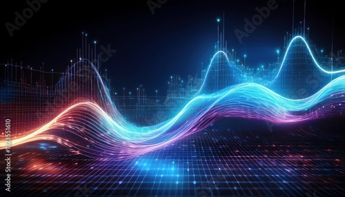 fluctuating vibrant glowing digital waveforms on a black grid background