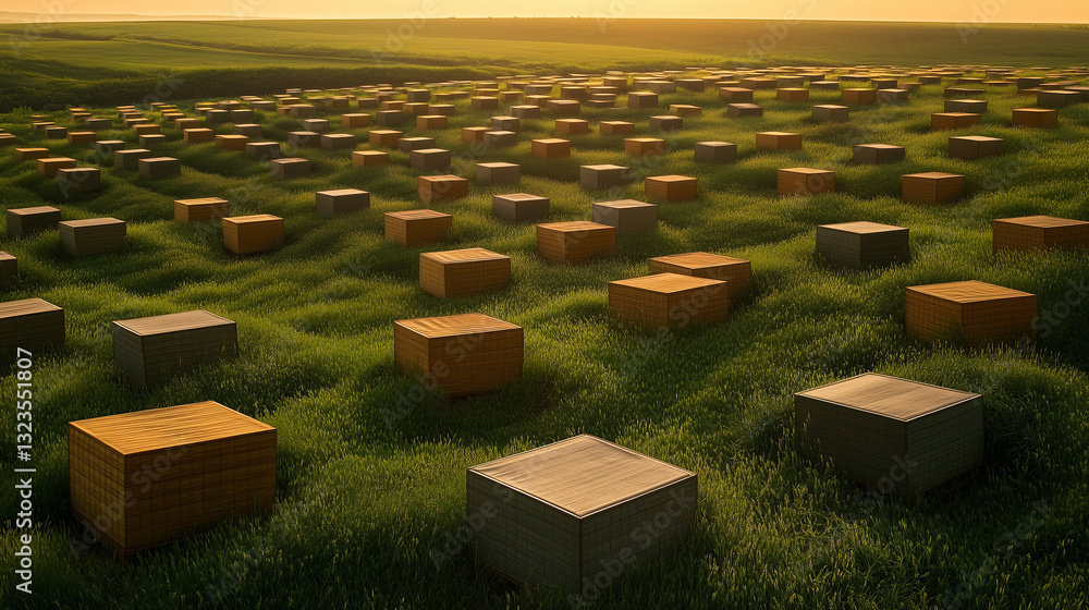Fototapeta premium Expansive Indian Beekeeping Farm at Sunset – Sustainable Honey Production for Organic and Ayurvedic Wellness