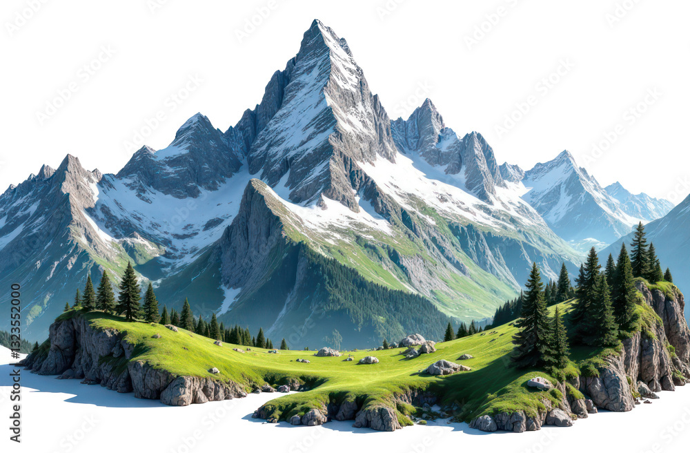 Fototapeta premium snow mountain alps peak with cliff, rocks and meadow isolated on transparent background, png file