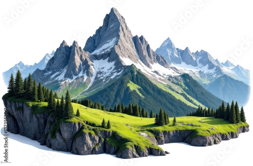 snow mountain alps peak with cliff, rocks and meadow isolated on transparent background, png file	