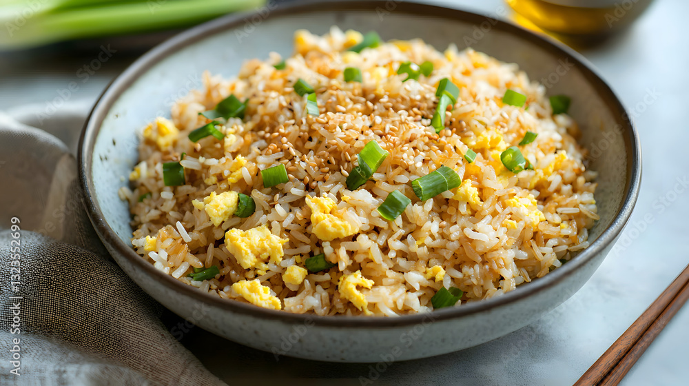 Delicious Golden Fried Rice with Fresh Vegetables and Scrambled Eggs in a Bowl Delicious Golden Fried Rice with Fresh Vegetables and Scrambled Eggs in a Bowl