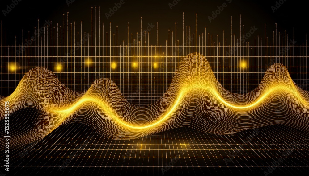 Naklejka premium fluctuating vibrant glowing digital waveforms on a black grid background