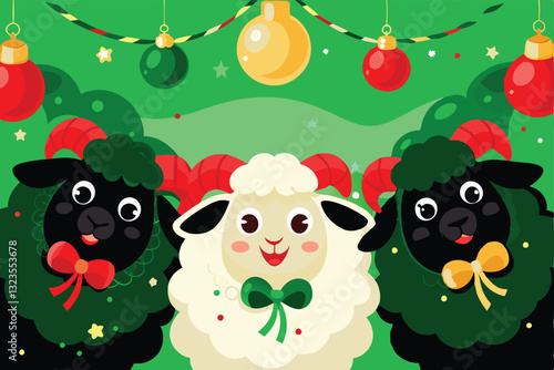 Create a cheerful cartoon illustration of happy sheep and goats frolicking together in a lush green pasture.  Include vibrant colors and expressive features.