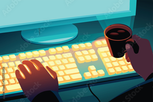 Create a fun, cartoon vector illustration of a programmer happily sipping coffee, showcasing their coding profession through subtle visual cues.