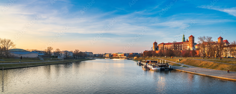 Wawel castle famous landmark in Krakow Poland. Picturesque landscape on coast river Wisla Wawel castle famous landmark in Krakow Poland. Picturesque landscape on coast river Wisla