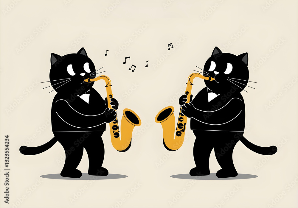 Minimalist black cartoon cats playing saxophones in vintage style