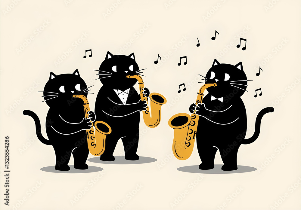 Minimalist black cartoon cats playing saxophones in vintage style