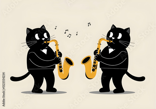 Obraz na płótnie Minimalist black cartoon cats playing saxophones in vintage style w salonie