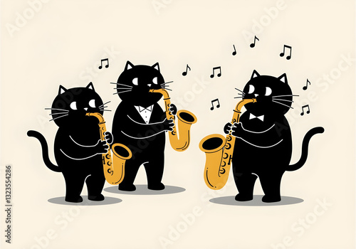 Obraz na płótnie Minimalist black cartoon cats playing saxophones in vintage style w salonie