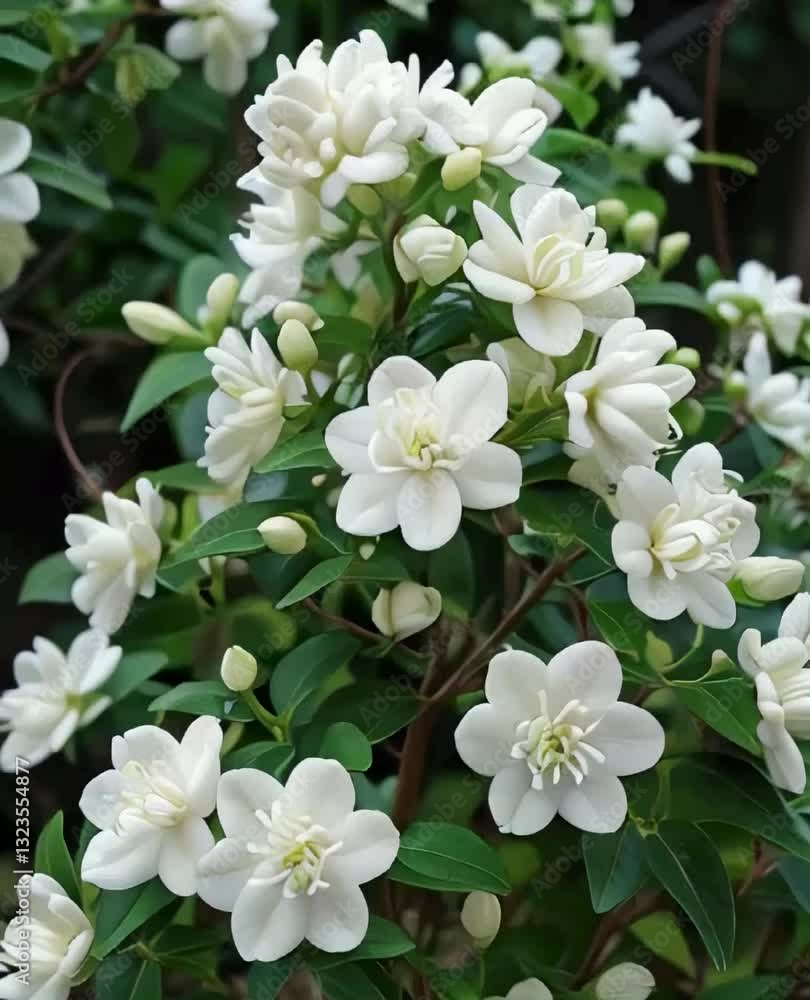 Jasminum sambac, commonly known as Arabian Jasmine. It is a fragrant, evergreen shrub that produces white, multi-layered blooms Jasminum sambac, commonly known as Arabian Jasmine. It is a fragrant, evergreen shrub that produces white, multi-layered blooms