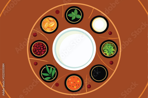 Illustrate a vibrant circular flow diagram showcasing the interconnectedness of herbs, spices, and sauces in culinary use, emphasizing their origins and processing.