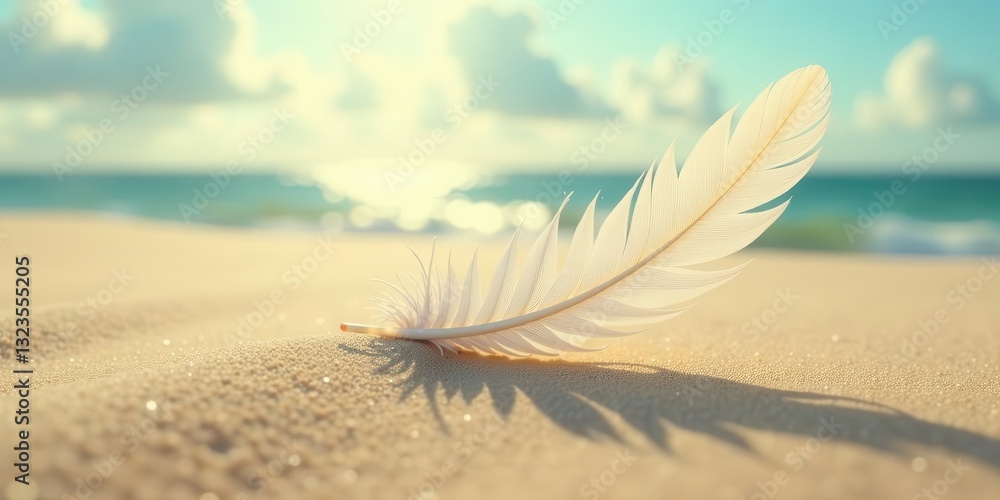 A single, delicate feather rests gently on a sun-kissed beach, its shadow cast long and slender across the warm sand, a tranquil scene of serenity and peace by the ocean. A single, delicate feather rests gently on a sun-kissed beach, its shadow cast long and slender across the warm sand, a tranquil scene of serenity and peace by the ocean.