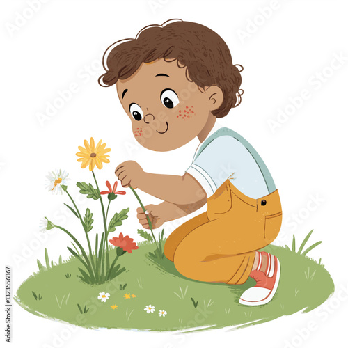 Cute Child Picking Flowers Vector Illustration for Children's Books and Educational Materials