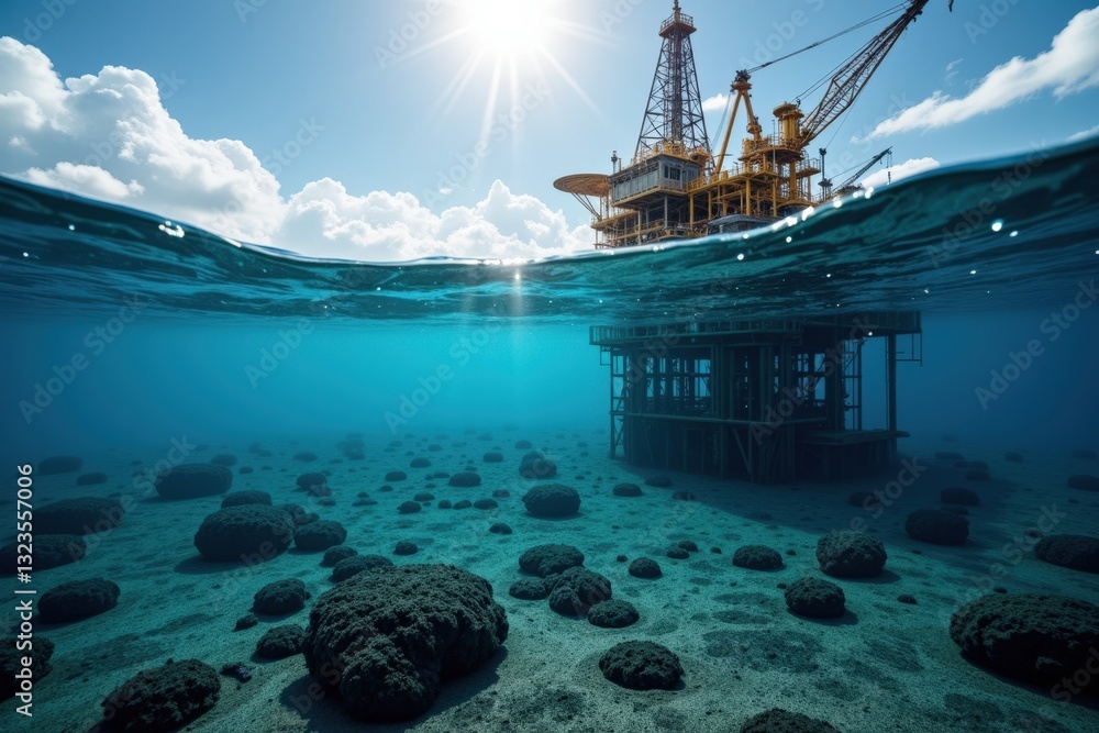 Obraz premium Underwater Offshore Oil Rig Surrounded by Coral Reefs in Crystal Clear Water During Bright Sunny Day