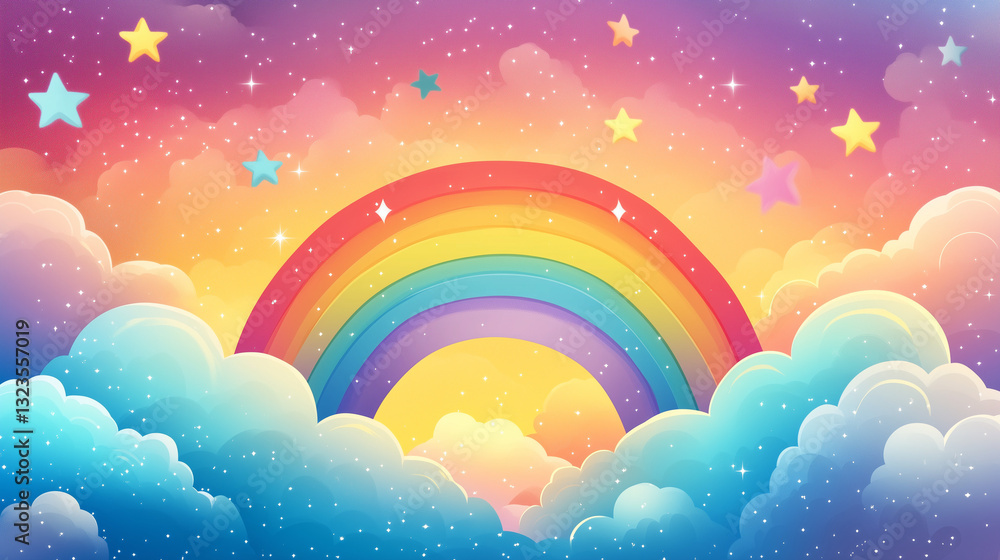 Colorful cartoon rainbow with fluffy clouds and stars illustration Colorful cartoon rainbow with fluffy clouds and stars illustration