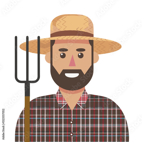 Bearded Farmer with Pitchfork in Straw Hat Vector Illustration