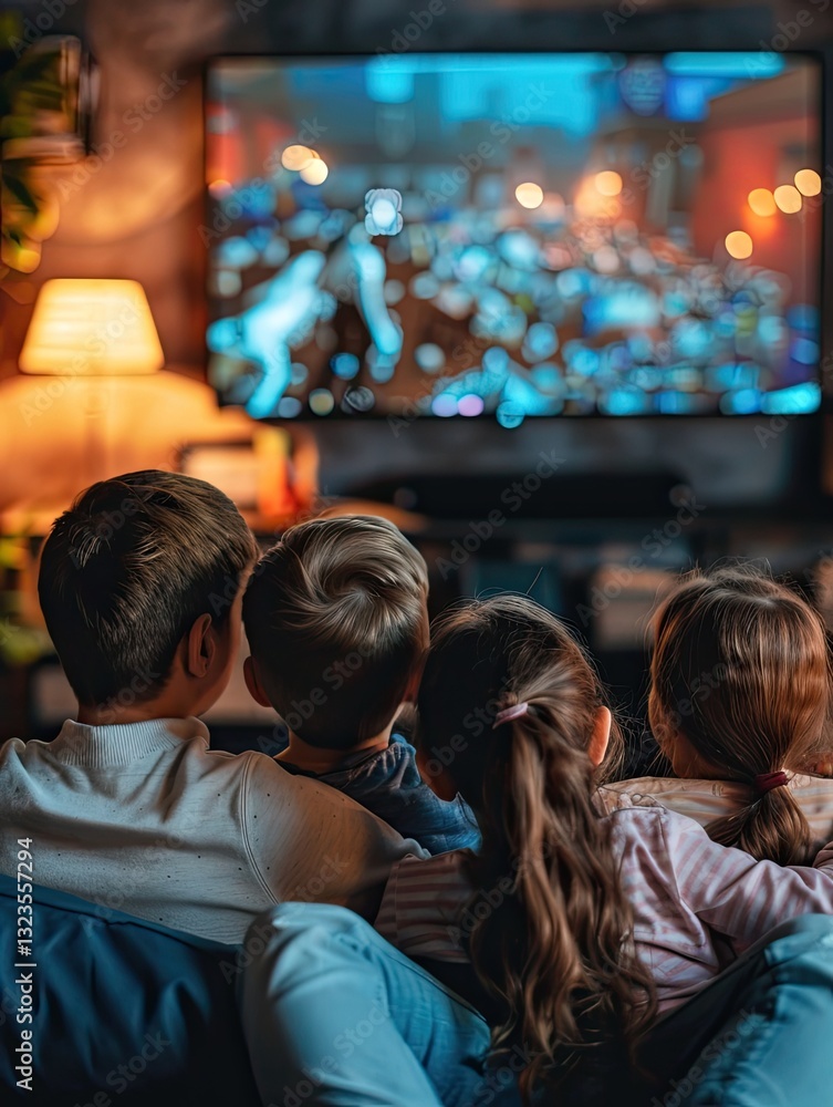 Children captivated, watching brightly illuminated television program together Children captivated, watching brightly illuminated television program together