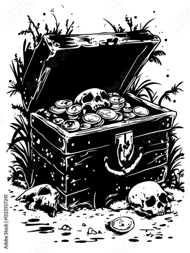 Pirate Treasure Chest with Coins and Skulls Vector Illustration for Decoration