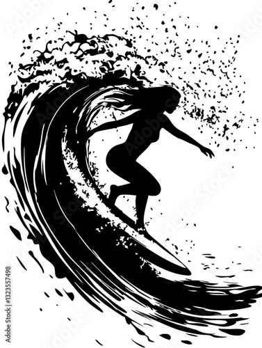 Silhouette Woman Surfing Dynamic Ocean Wave Vector Art