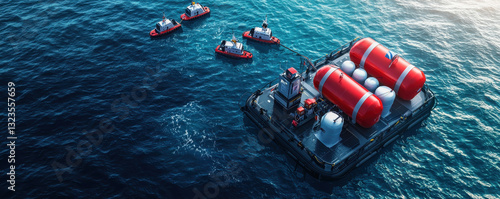 floating safety station supplies fuel to multiple small boats on ocean