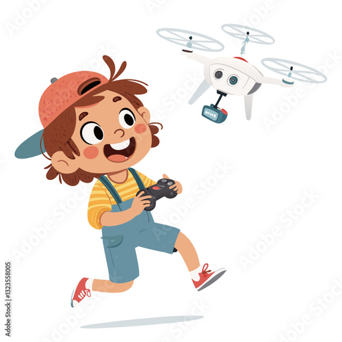 Child Playing with Drone Vector Illustration for Kids' Activities and Technology Education