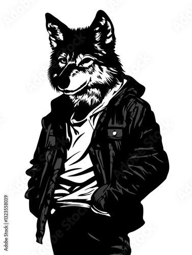 Anthropomorphic Wolf in Leather Jacket Bold Vector Graphic for Tattoo or Street Art
