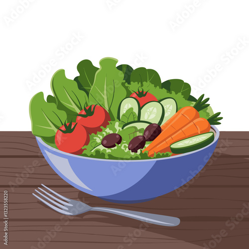 Fresh Vegetable Salad Bowl Illustration with Tomatoes Cucumbers Carrots and Greens