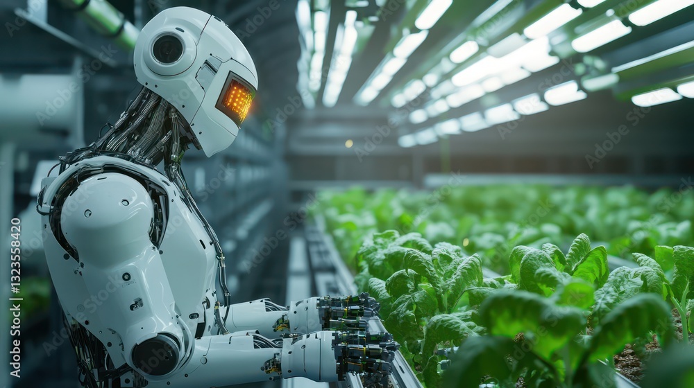 A high-tech farm where robots and humans work together, planting, irrigating, and harvesting crops with precision and efficiency. A high-tech farm where robots and humans work together, planting, irrigating, and harvesting crops with precision and efficiency.