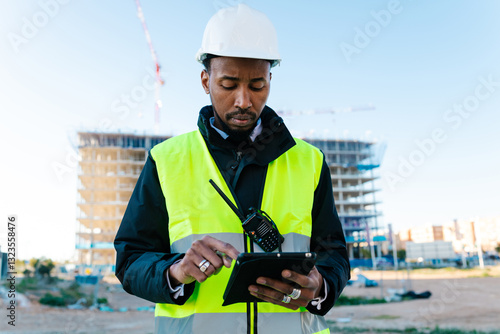 Construction manager using tablet and walkie talkie on building site